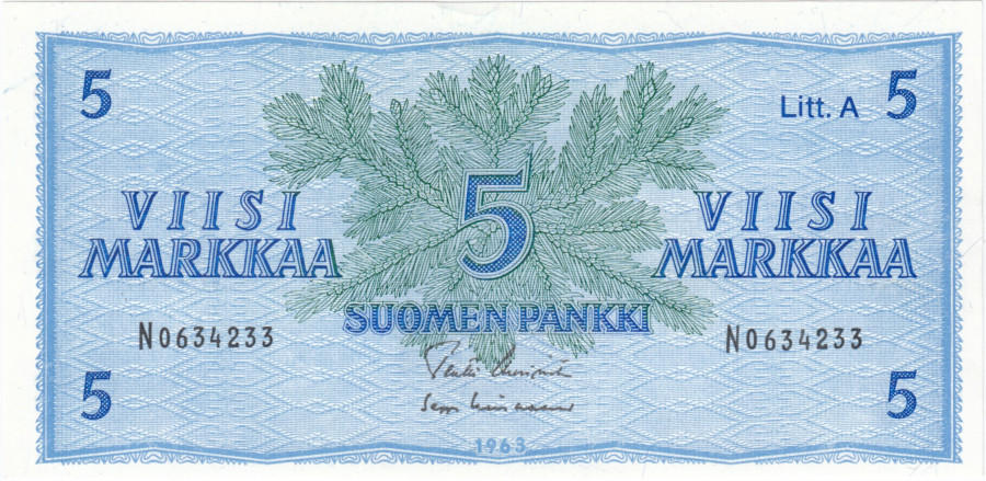 5 Markkaa 1963 Litt.A N0634233 kl.8-9